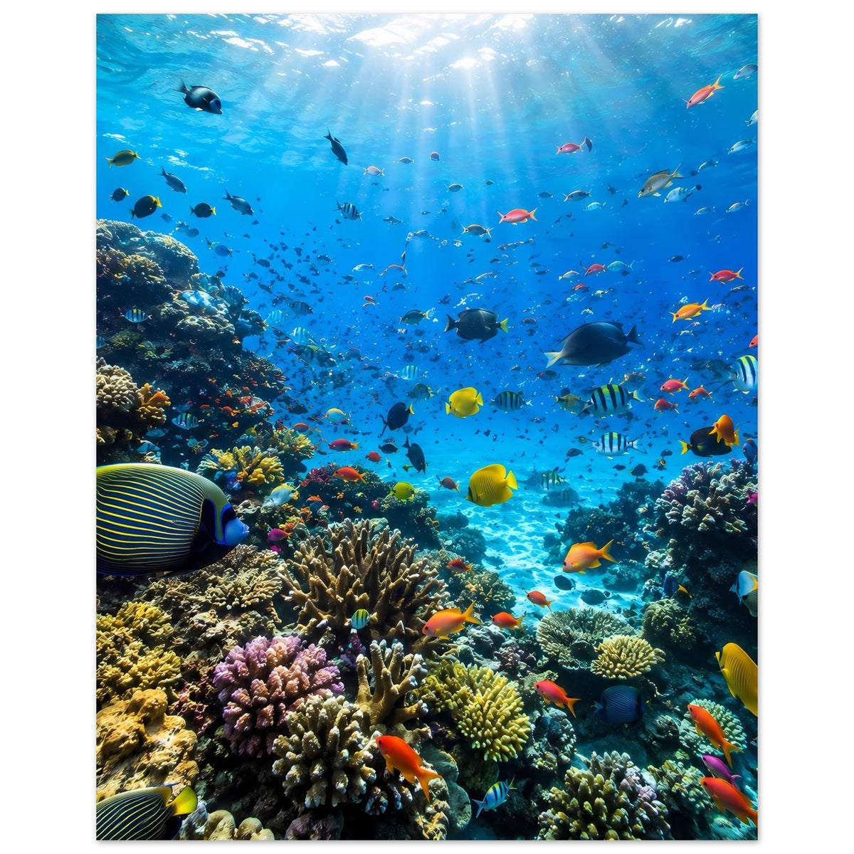 Vertikales Unterwasser-Poster: Korallenriff mit bunten Fischen und Licht im blauen Wasser