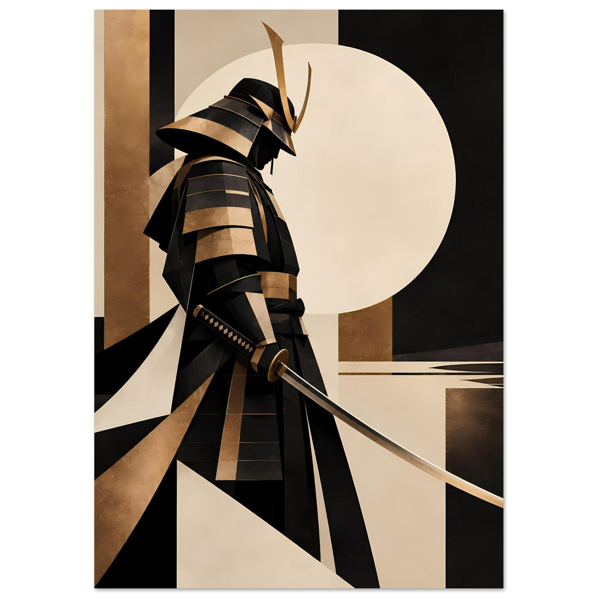 Kunstposter mit Samurai-Silhouette, schwarzer und goldbrauner Rüstung, Katana-Schwert diagonal
