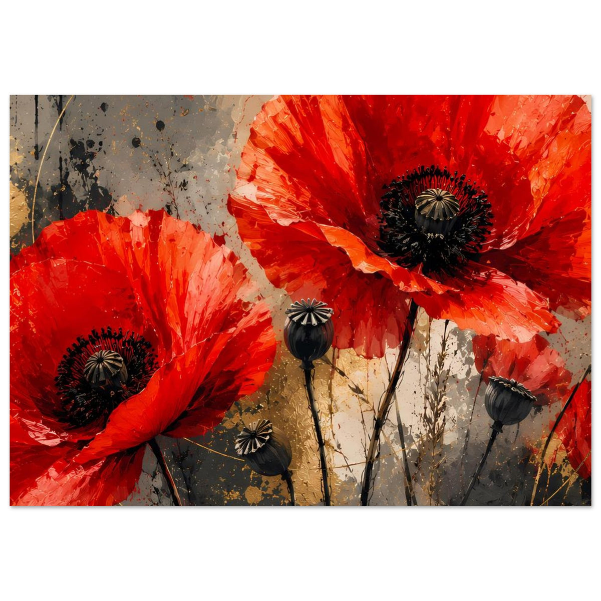 Poster mit roten Mohnblüten und schwarzen Kernen, angeschnittene Ansicht