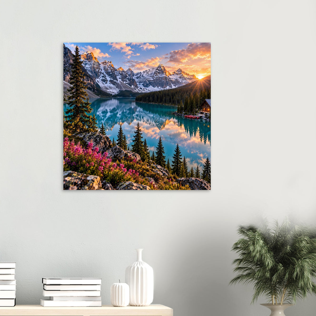 Quadratisches Wandposter mit Bergsee, schneebedeckten Alpen, türkisfarbenem Wasser und Sonnenstrahl