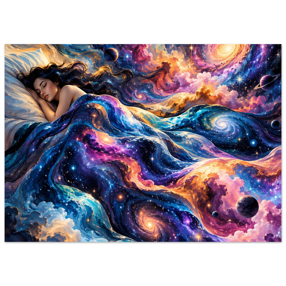 Galaxie-Poster im Querformat: liegende Frau, bunte Galaxien, Sterne und Planeten