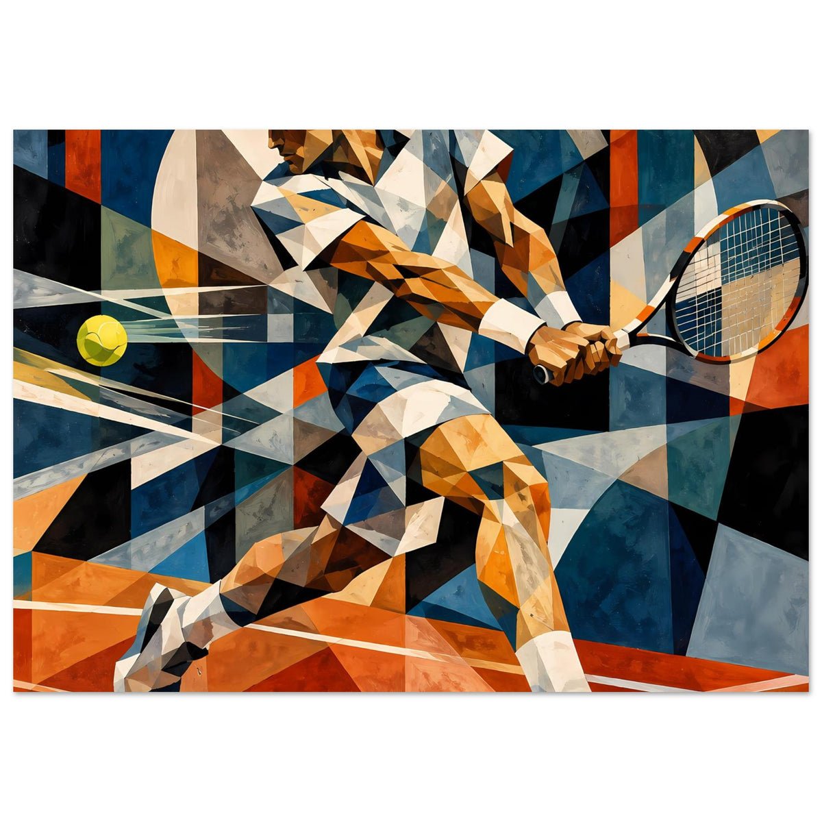 Kunst-Poster mit geometrischem Tennis-Actionmotiv: Spieler, Tennisschläger rechts, Ball links