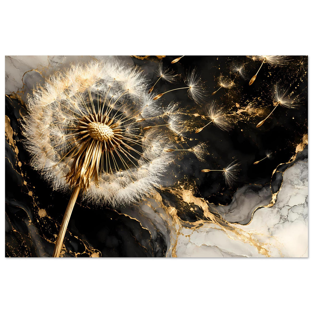 Poster mit großer Pusteblume in Weiß, goldenen Details und dramatischer Schwarz-Gold-Optik
