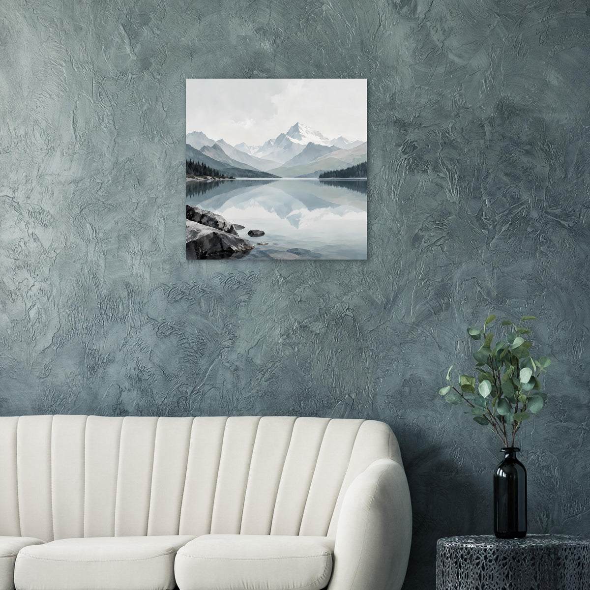 Gerahmter Landschaftsdruck mit Bergsee und Reflexion der Berge, horizontales Motiv
