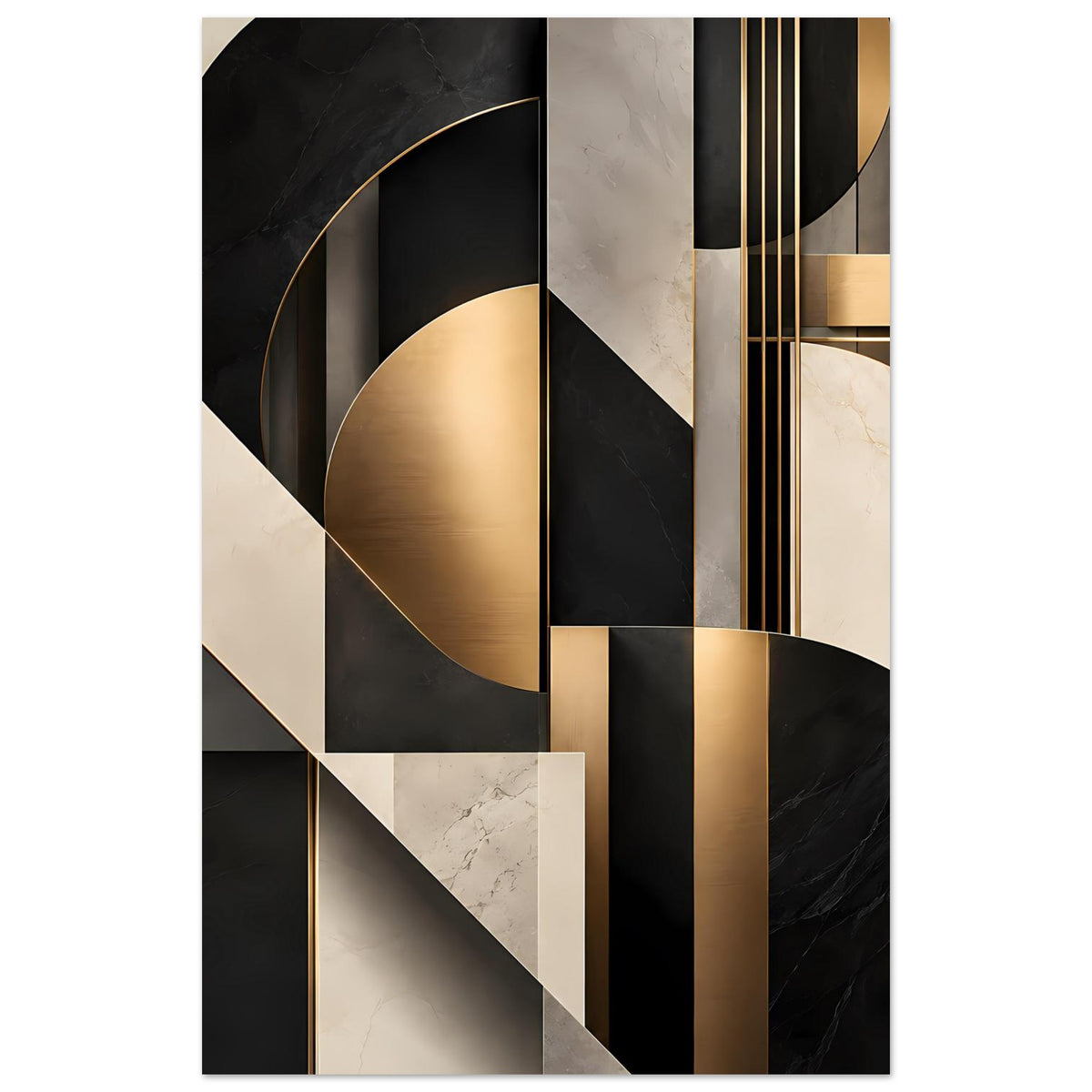 Geometrisches Kunstposter mit goldenen Linien, Kreisformen in Schwarz und Beige, Marmoroptik