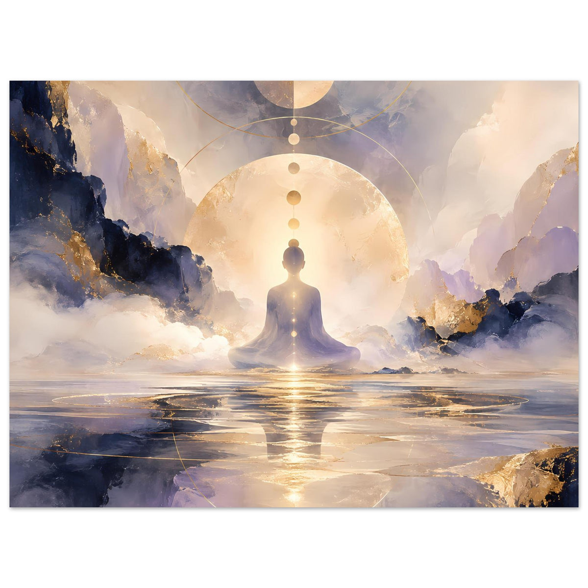 Querformat-Poster mit Meditationsfigur in goldener Kuppel und spiegelnder Wasserlandschaft