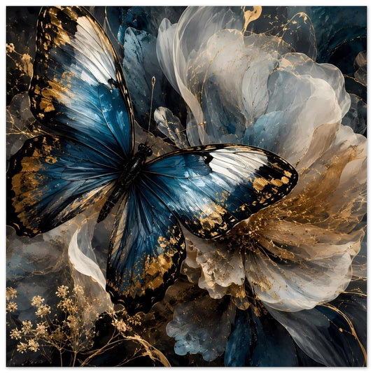 Premium-Poster: blauer Schmetterling mit weißen Flügeln und goldenen Akzenten, abstrakte Ornamentik