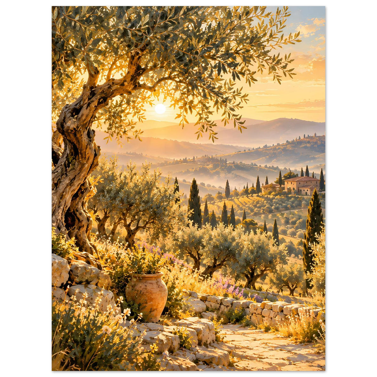 Poster mit goldenem Sonnenaufgang, Olivenbaum links und dörflicher Silhouette rechts