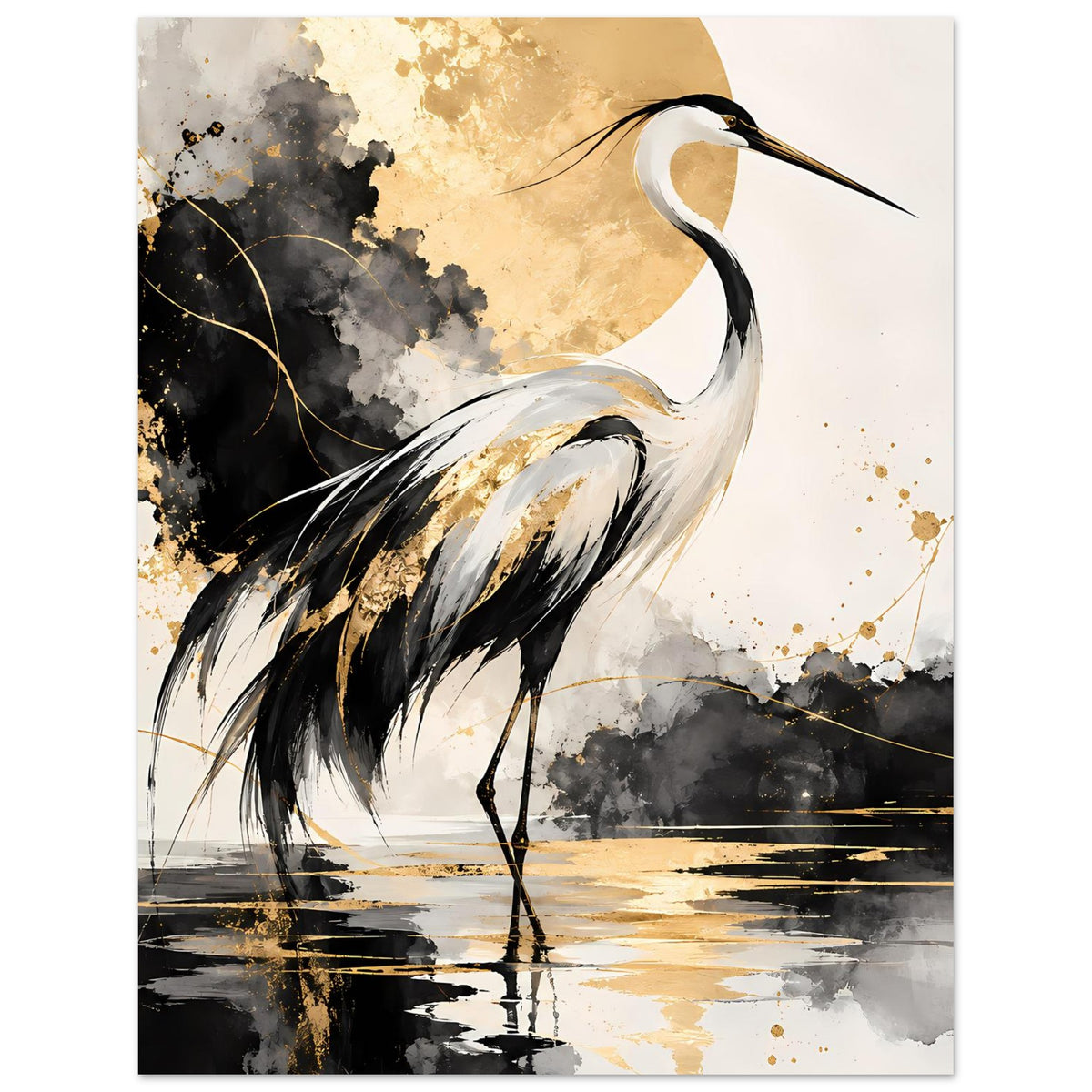 Vogelposter mit sitzendem Kranichmotiv, schwarz-weiße Flügel, goldene Sprenkel und Linien