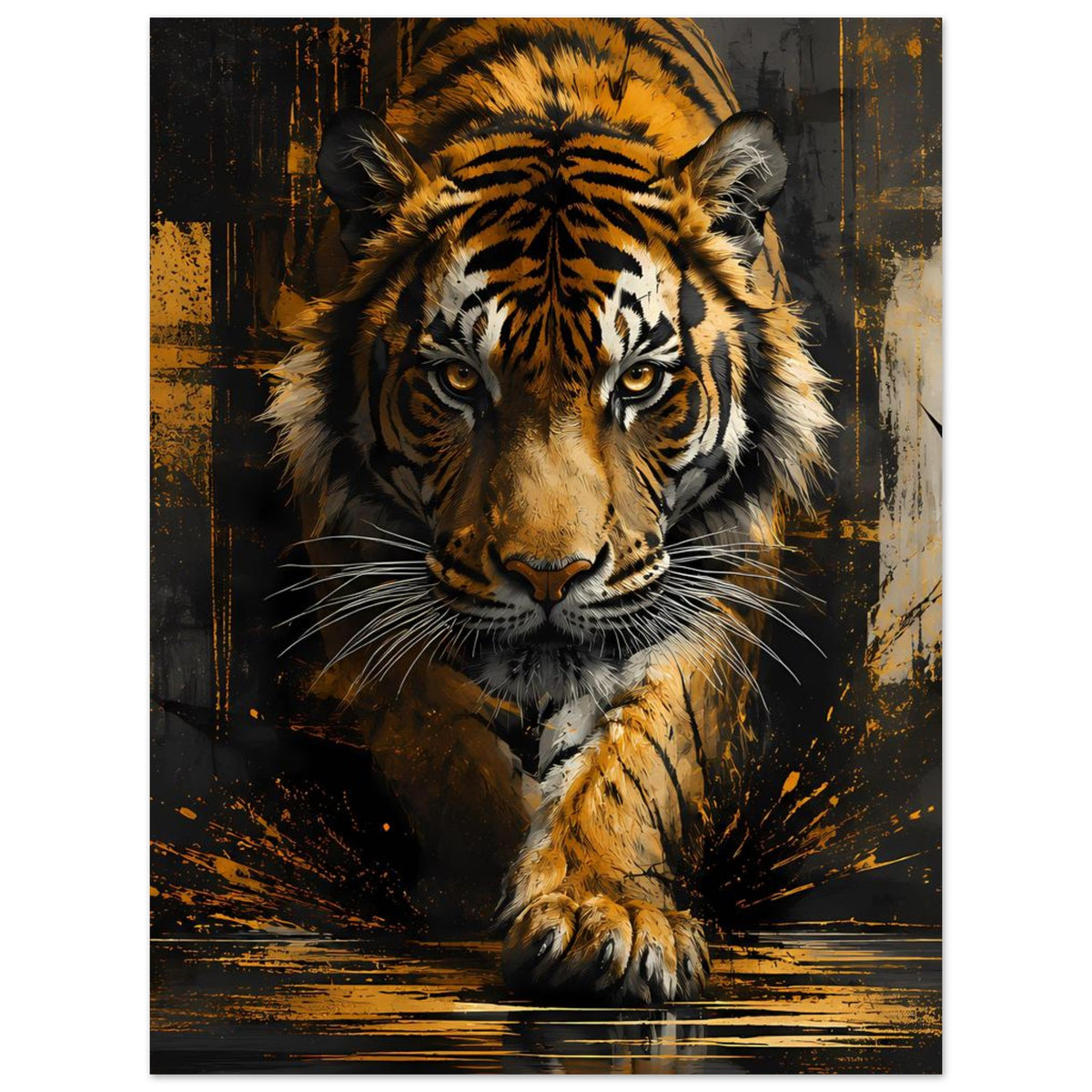 Tiger-Poster mit goldenen Fellakzenten, frontal, Tatzen auf dunklem Hintergrund, hochformatig