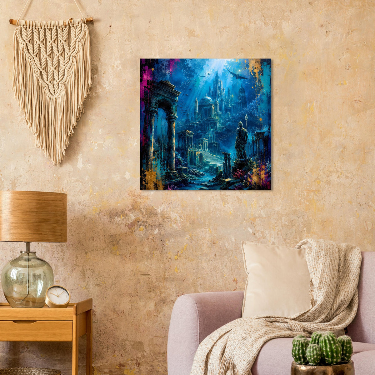 Gerahmtes Poster mit Unterwasserstadt Atlantis, türkisblauen Lichtstrahlen und Säulenruinen