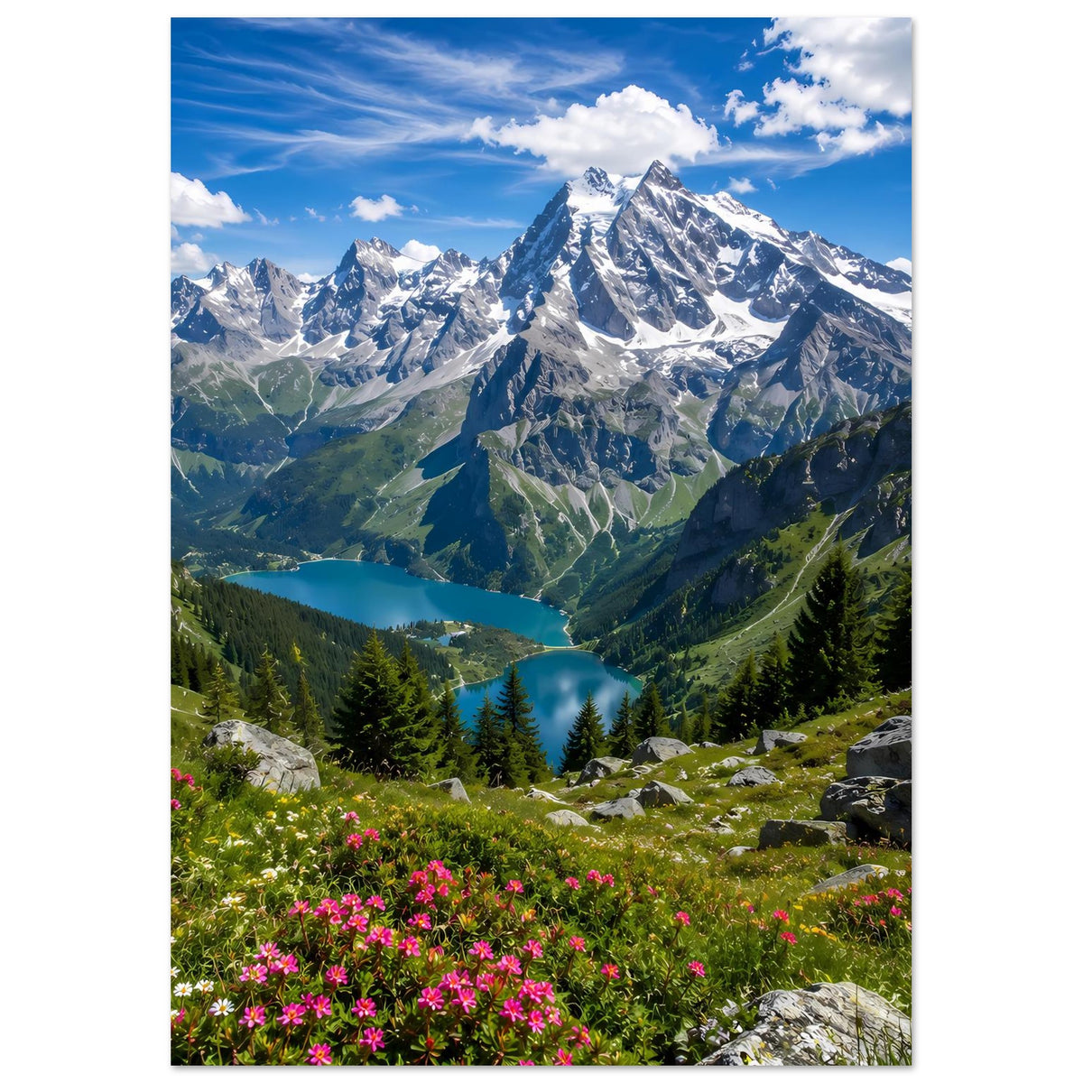 Alpenlandschafts-Poster im Hochformat mit schneebedeckten Bergen, Tal, Bergsee, Felsen und Blüten