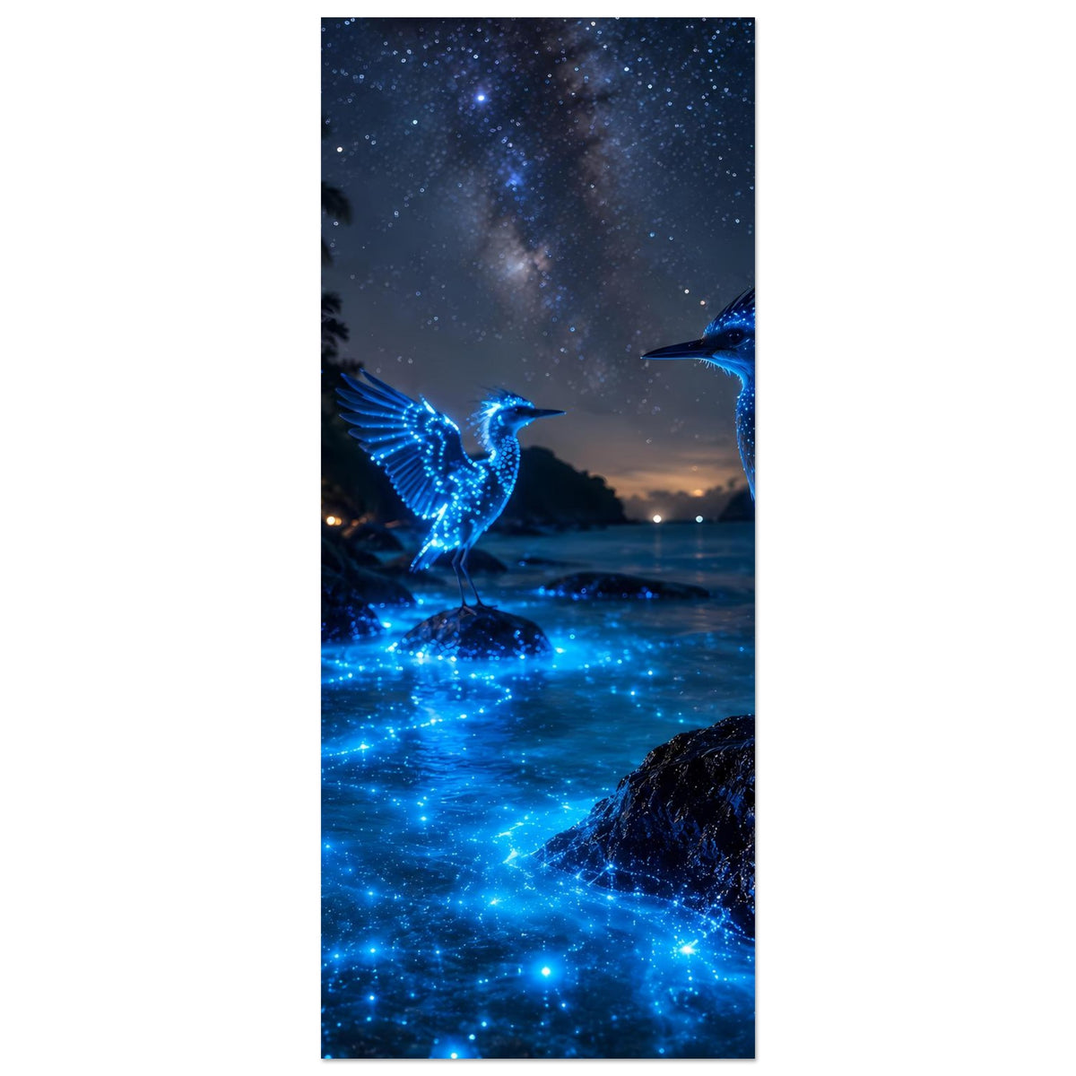 Poster im Hochformat: leuchtender blauer Nachtvogel, sternreicher Himmel und blaues Wasser