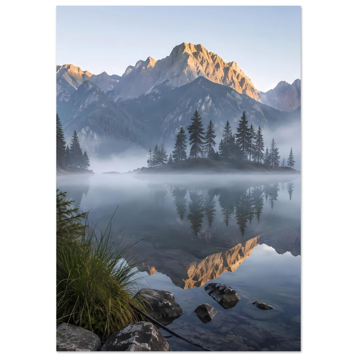 Poster im Hochformat: Bergsee mit Gipfelspiegelung, Felsen und Gräser, Morgennebel.