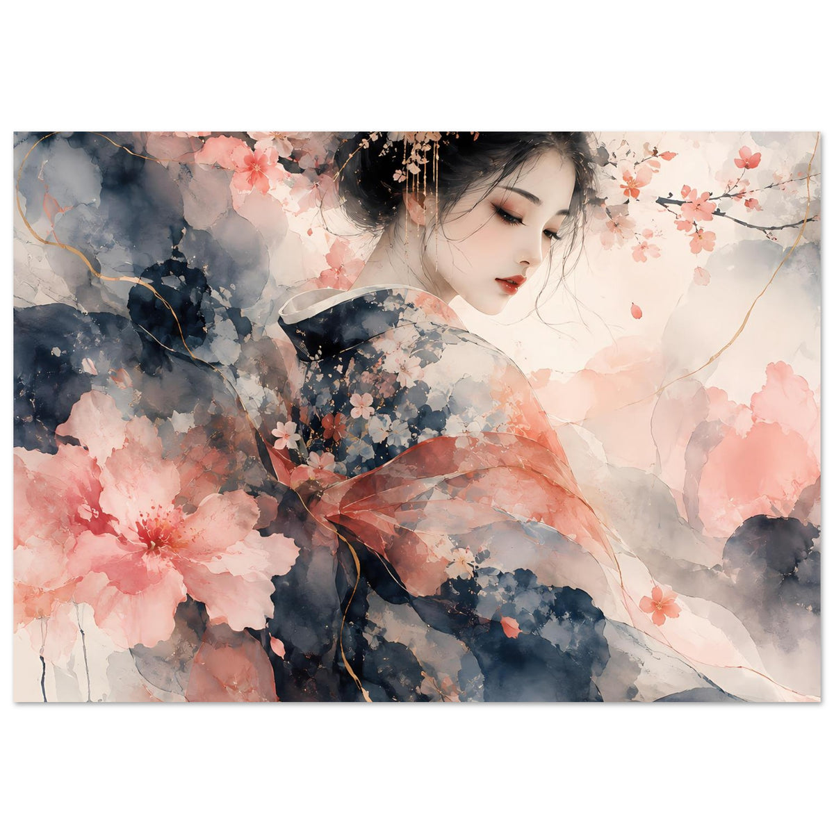 Poster im Querformat (Motiv): Frau mit Kirschblüten, Aquarell in Rosa, Blau und Grau