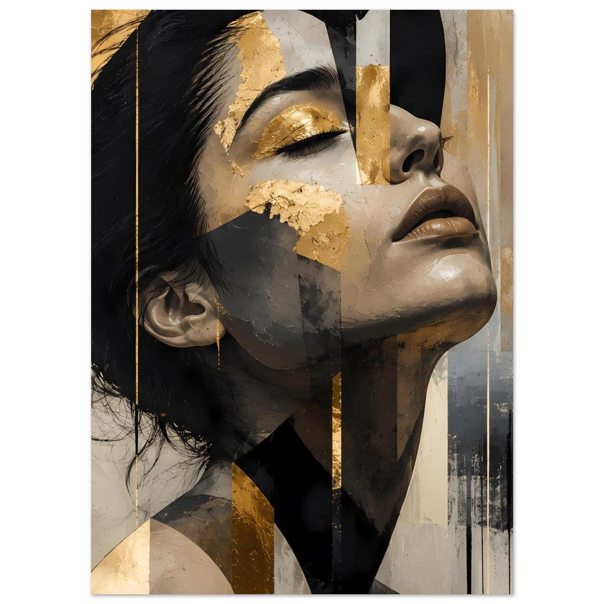 Abstraktes Frauenporträt-Poster im Hochformat: goldene Verzierungen auf Gesicht und Haar