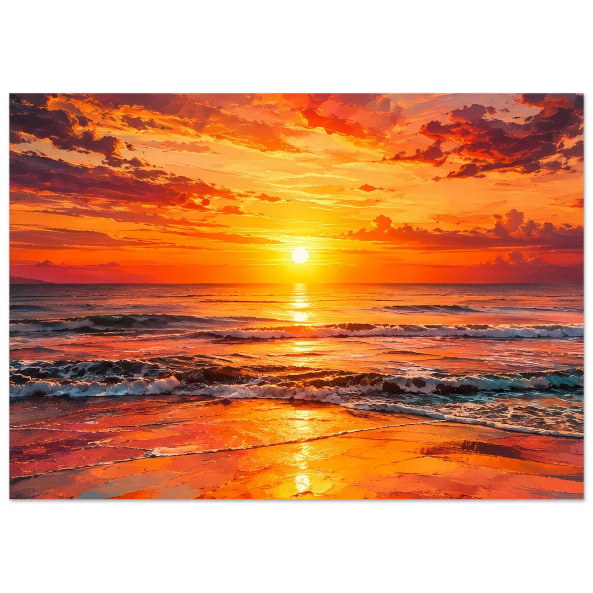 Wandposter mit Sonnenaufgang am Meer, orangegelbe Sonne und Wellen im Vordergrund