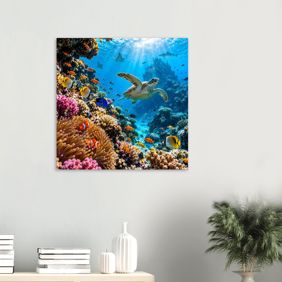 Poster: Meeresschildkröte und Korallenriff mit bunten Fischen im blauen Ozean