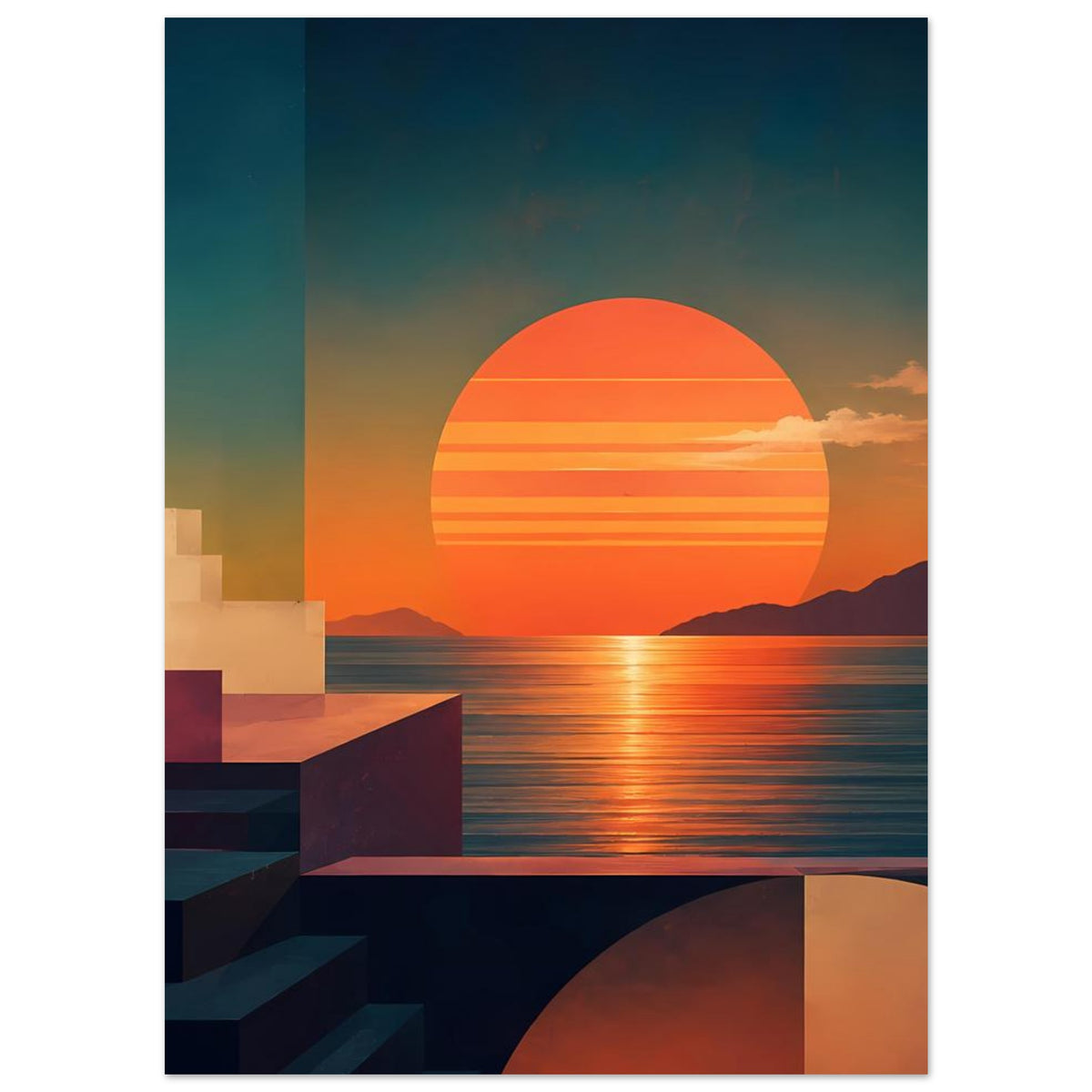 Poster mit geometrischen Stufen links und orangefarbenem Sonnenkreis in der Küstenlandschaft