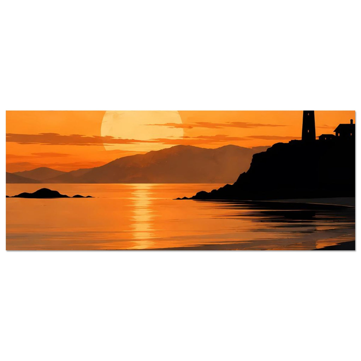 Querformat-Küstenposter: Leuchtturm-Silhouette bei Sonnenuntergang über dem Meer