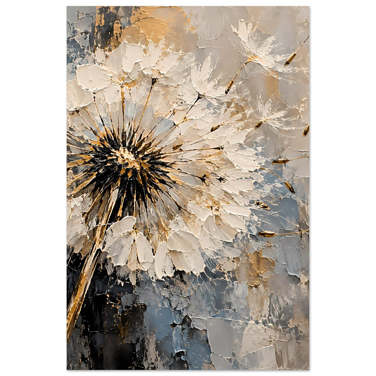 Deko-Poster mit Pusteblume im Textur-Stil, Creme, Blau, Schwarz und Gold