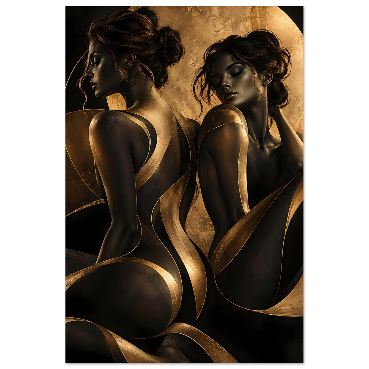 Kunstposter im Hochformat mit zwei Frauenakt-Silhouetten, schwarz-goldene Akzente