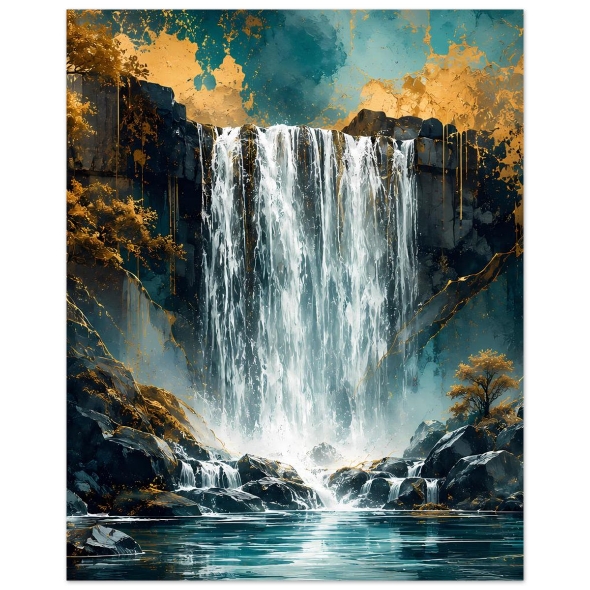 Poster mit Wasserfall im Felsental, türkisweiße Gischt, goldene Highlights