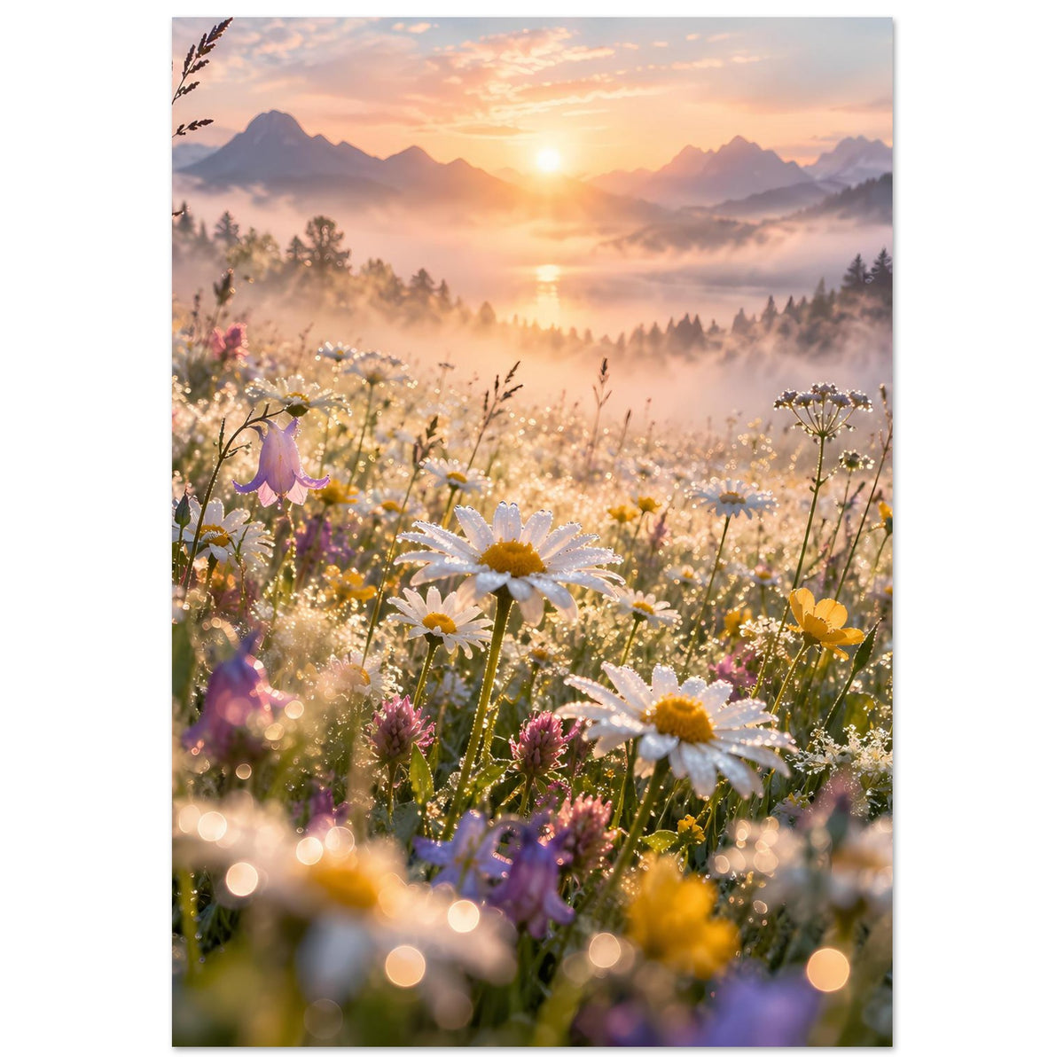 Blumenwiesen-Poster mit bunten Wildblumen und Gänseblümchen vor sonnenbeschienen Bergen.