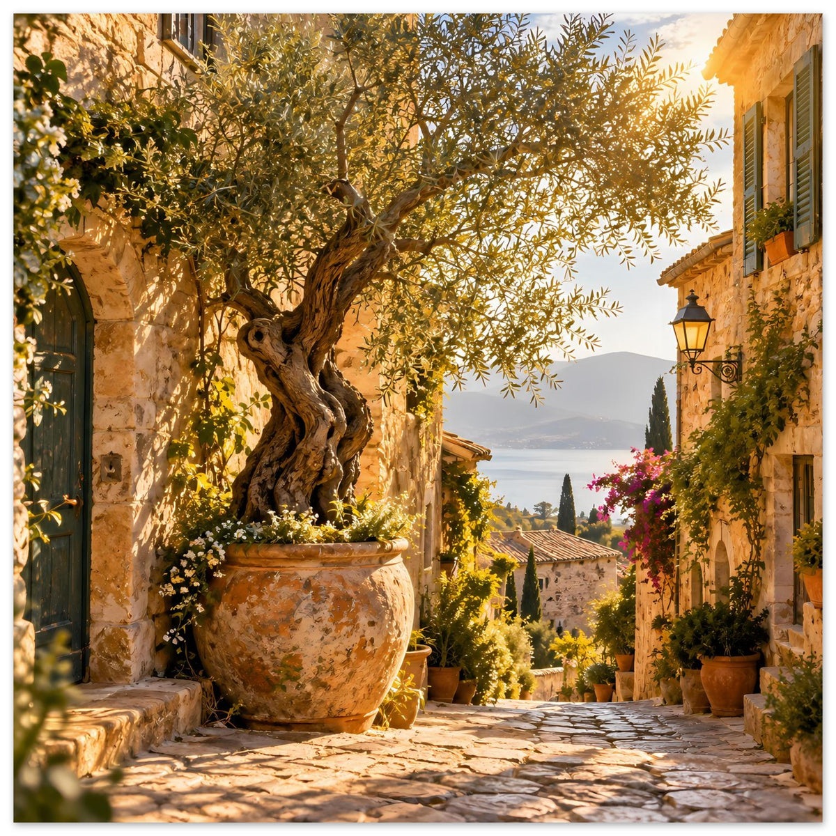 Wandposter mit mediterranem Motiv: knorriger Olivenbaum im Steintopf an einer Gasse
