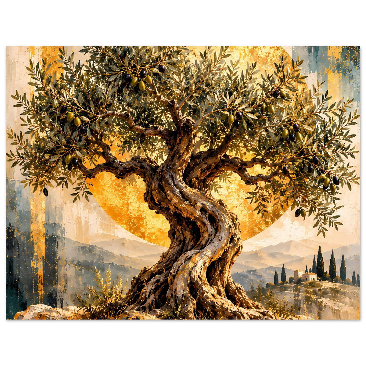 Poster mit Olivenbaum: goldene Blätter, verdrehter Stamm und großer Lichtkreis im Motiv