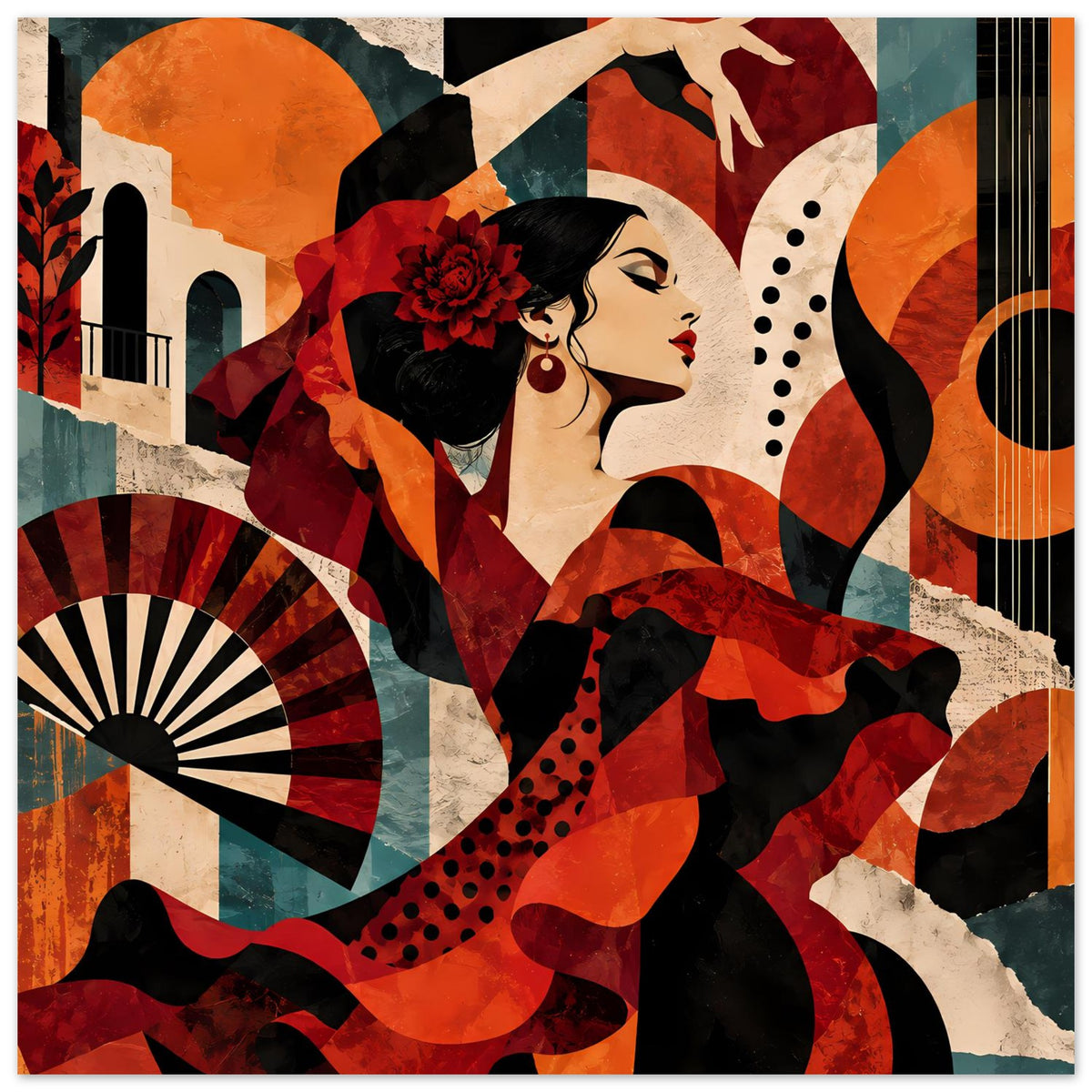 Tanzposter im Querformat mit Flamenco-Tänzerin, Fächer links und rot-schwarze Ornamente