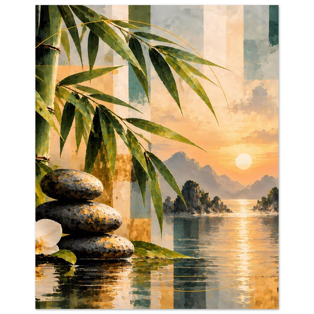 Zen-Landschaftsposter: Bambusblätter, gestapelte Steine, kleine weiße Blüte und See bei Sonnenuntergang