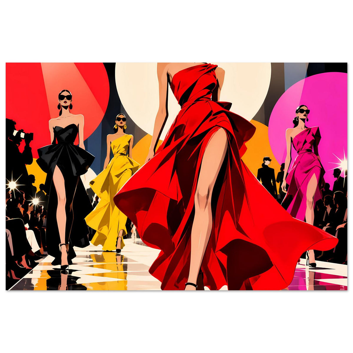 Pop-Art-Poster im Querformat: Model im roten Abendkleid, weitere Damen in Gelb und Pink, Laufsteg