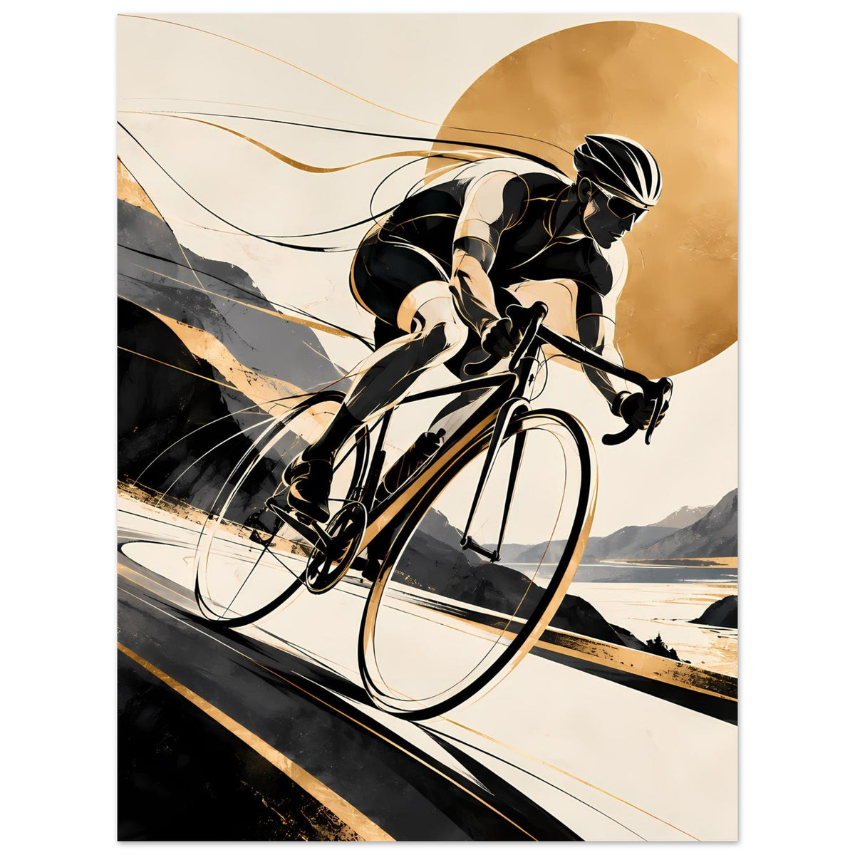 Hochkant-Sportposter mit dynamischem Radfahrer, Schwarz-Gold-Look
