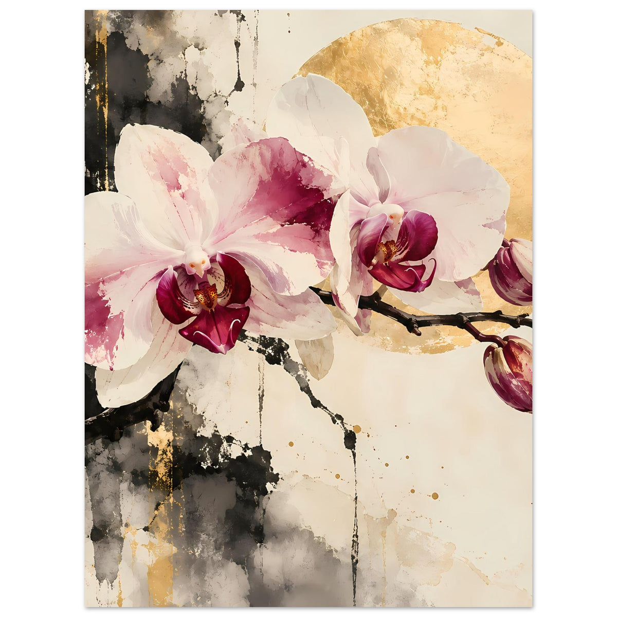 Blumenposter mit Orchideenblüten, dunkler Rankenlinie und goldener Akzentfläche