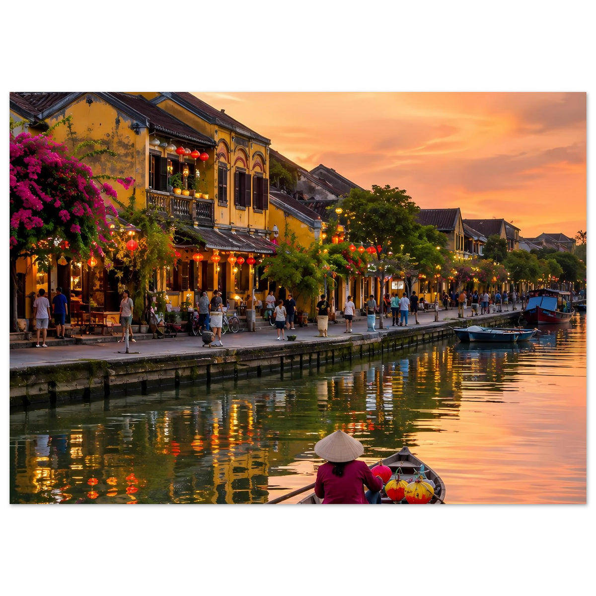 Wandposter mit Sonnenuntergang an der Promenade am Fluss, viele Laternen und Wasserreflexionen