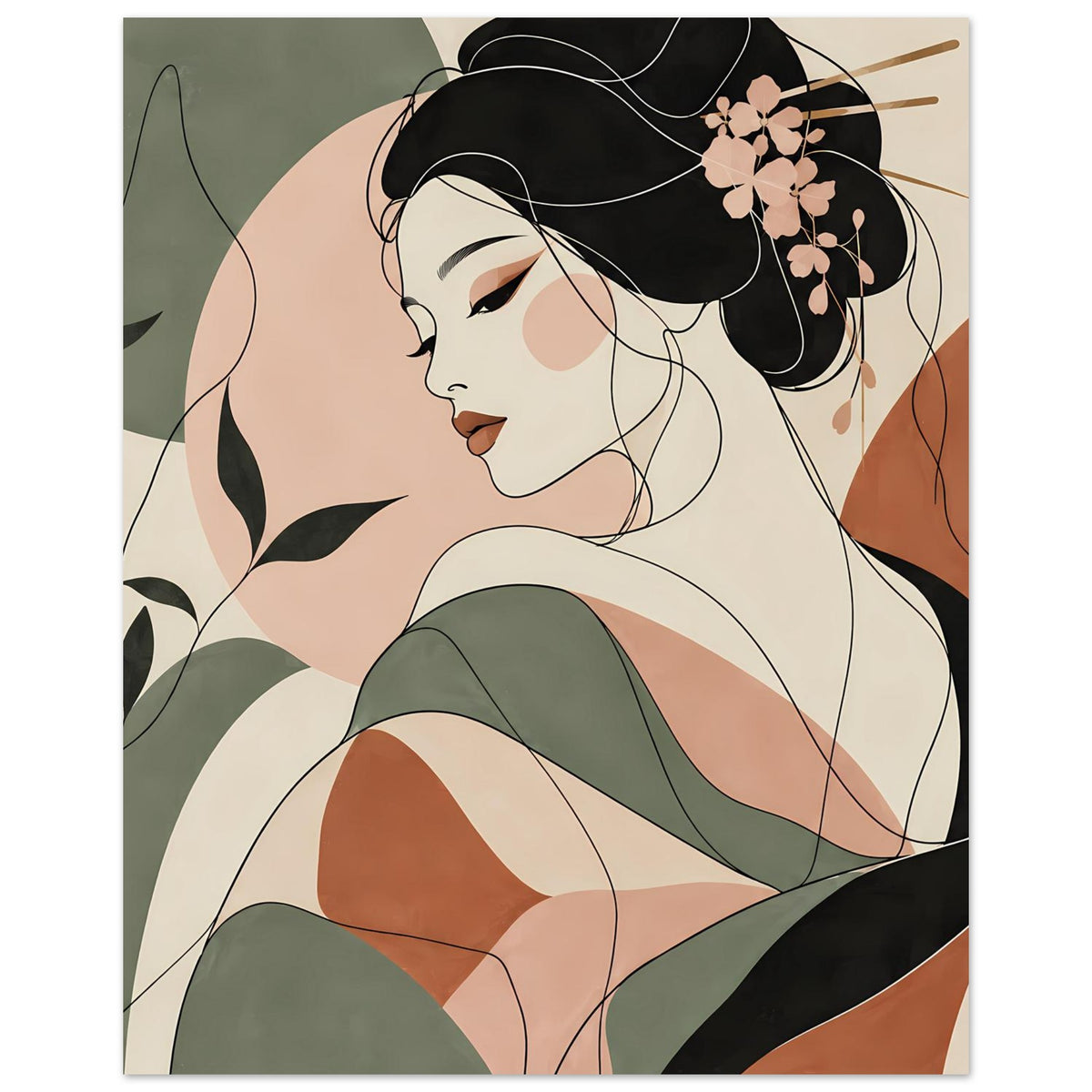 Zen-Poster mit Geisha-Illustration, schwarze Haare, rosa Blüten im Haar, grünes Kleid