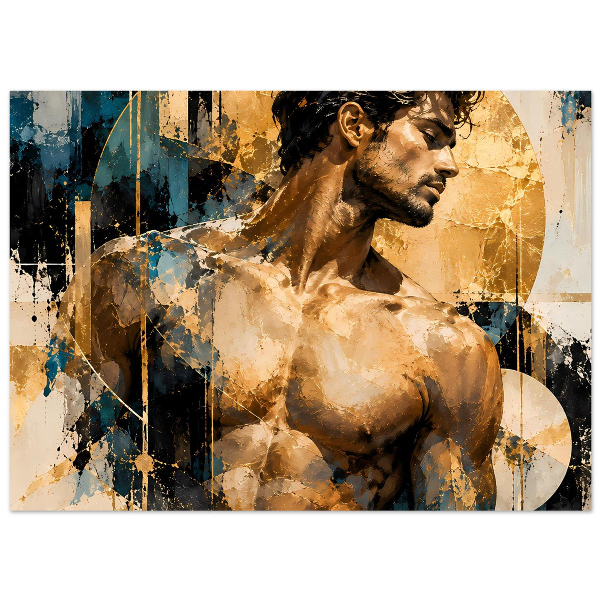 Kunstposter mit Akt-Motiv: muskulöser Torso, Gold- und Blausprenkel, Seitenansicht