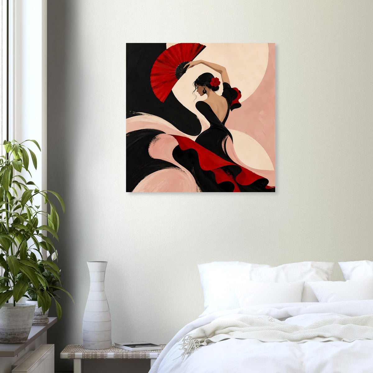 Poster mit Flamenco-Tänzerin in Schwarz-Rot, roter Fächer in erhobener Hand.