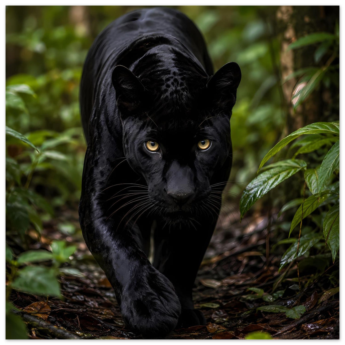 Poster: Schwarzer Panther mit Blick nach vorn, gelbe Augen, Pflanzen