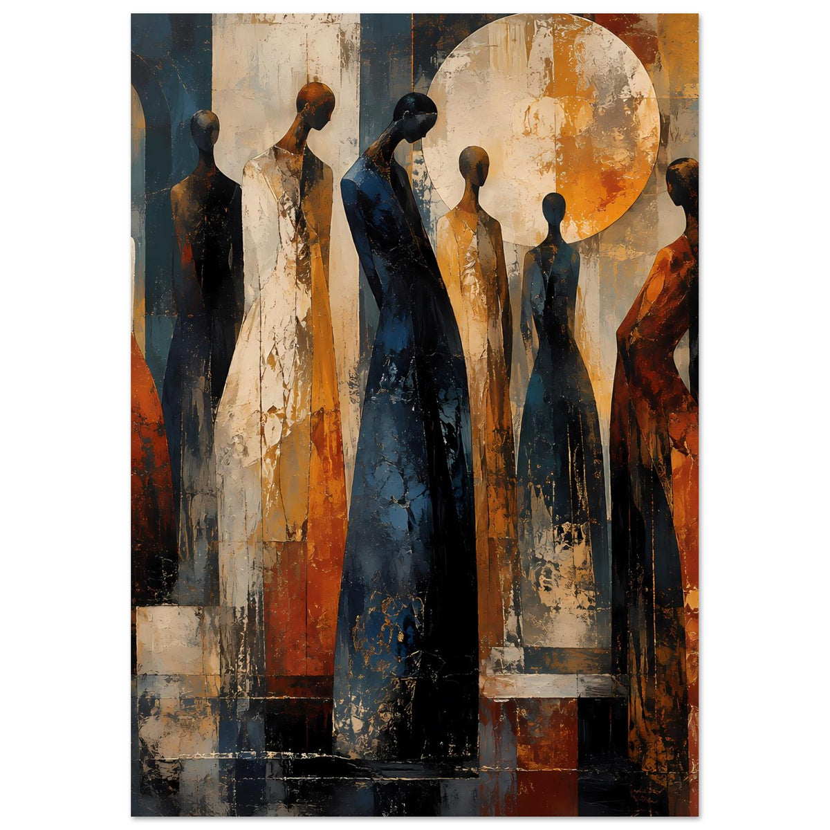 Poster mit abstrakten stehenden Figuren in warmen Farben, blauer Farbverlauf, großer Kreis