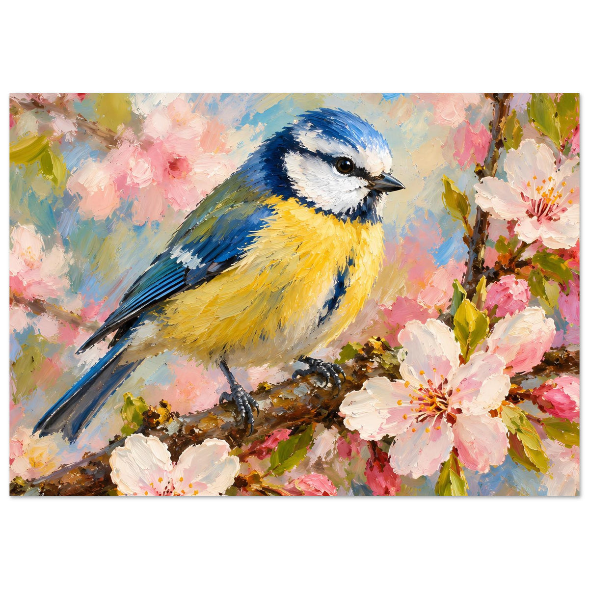 Poster mit blau-gelbem Vogel und rosa Blüten auf verzweigtem Ast