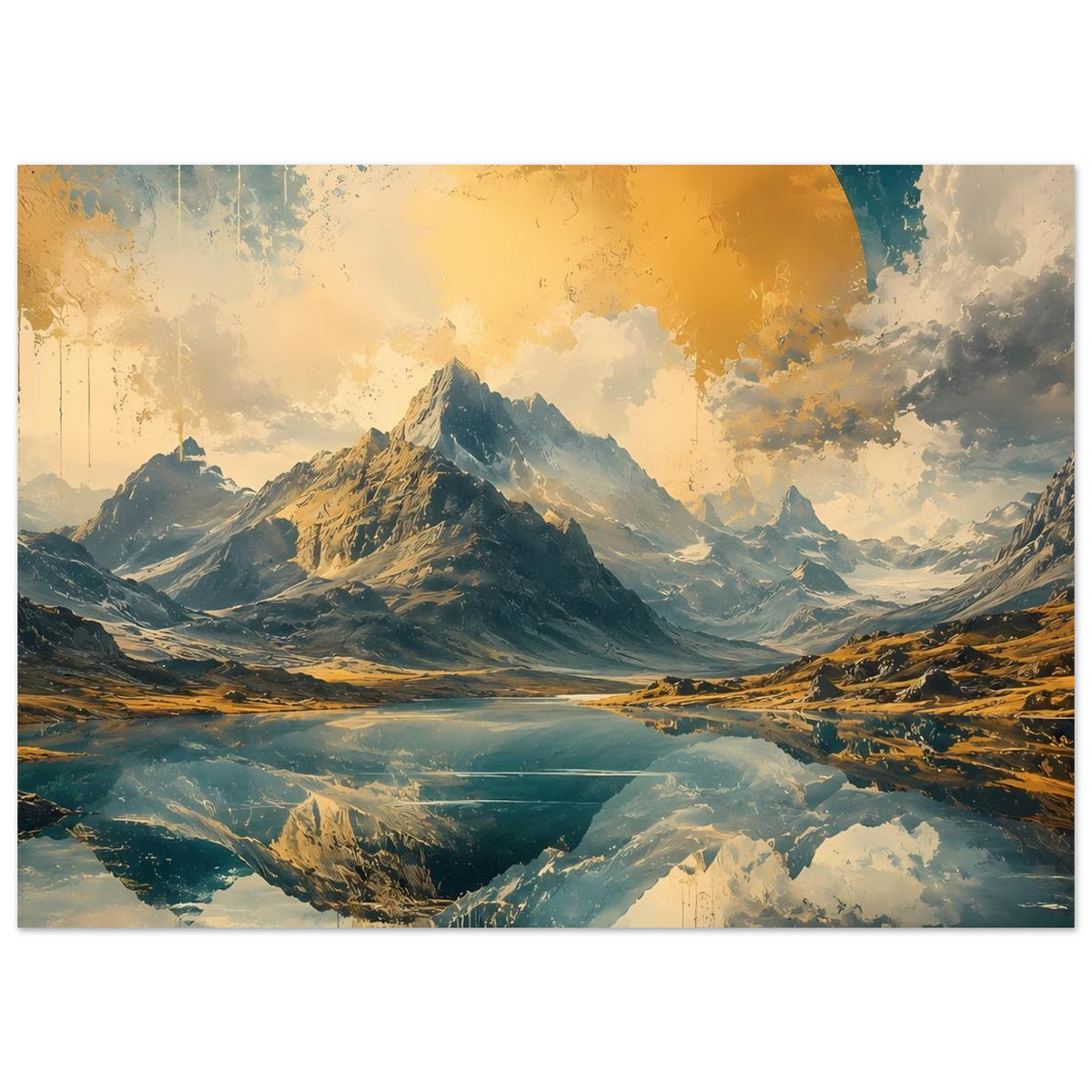 Querformatiges Poster mit Berglandschaft und Spiegelung in Blau- und Goldtönen
