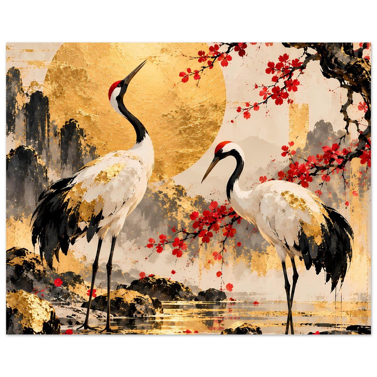 Poster mit zwei Kranichen, goldener Mondfläche, roten Kirschblüten und Wasserspiegelung