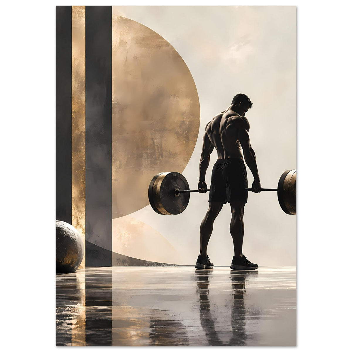 Fitness-Poster: Silhouette mit Langhantel in Rückenansicht, abstrakte goldgraue Flächen.