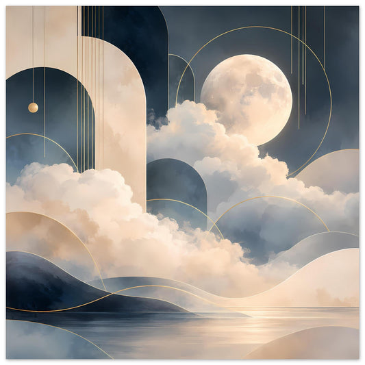 Poster mit abstrakter Mondlandschaft, goldene Linien, Wolken, blau-beige Formen, mondheller Himmel