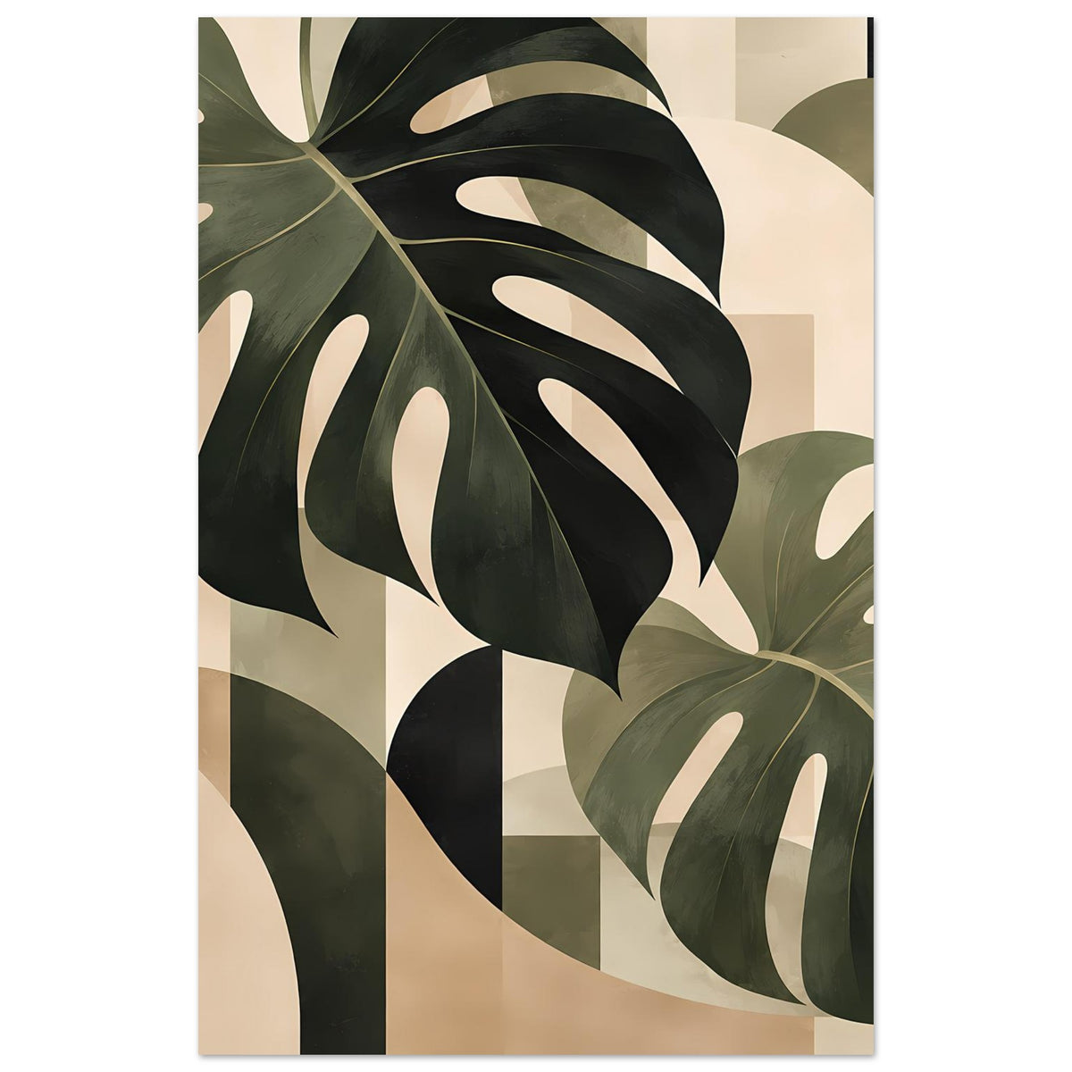 Botanik-Poster, vertikaler Druck mit großem Monstera-Blatt in Dunkelgrün/Schwarz und Salbeigrün