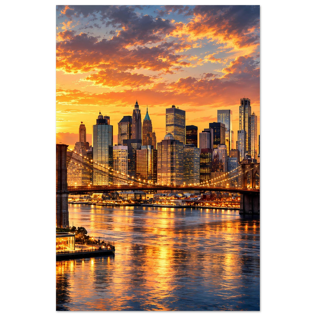 Vertikales Poster mit NYC-Skyline im Sonnenuntergang, beleuchteter Fluss und Brücke