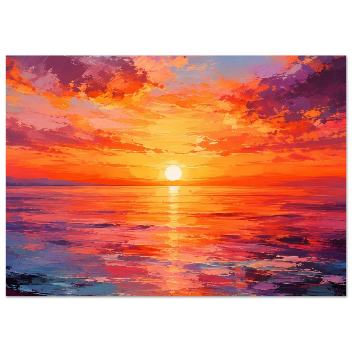 Quadratisches Poster: Sonnenuntergang über Wasser in Orange und Violett mit Sonnenreflexion