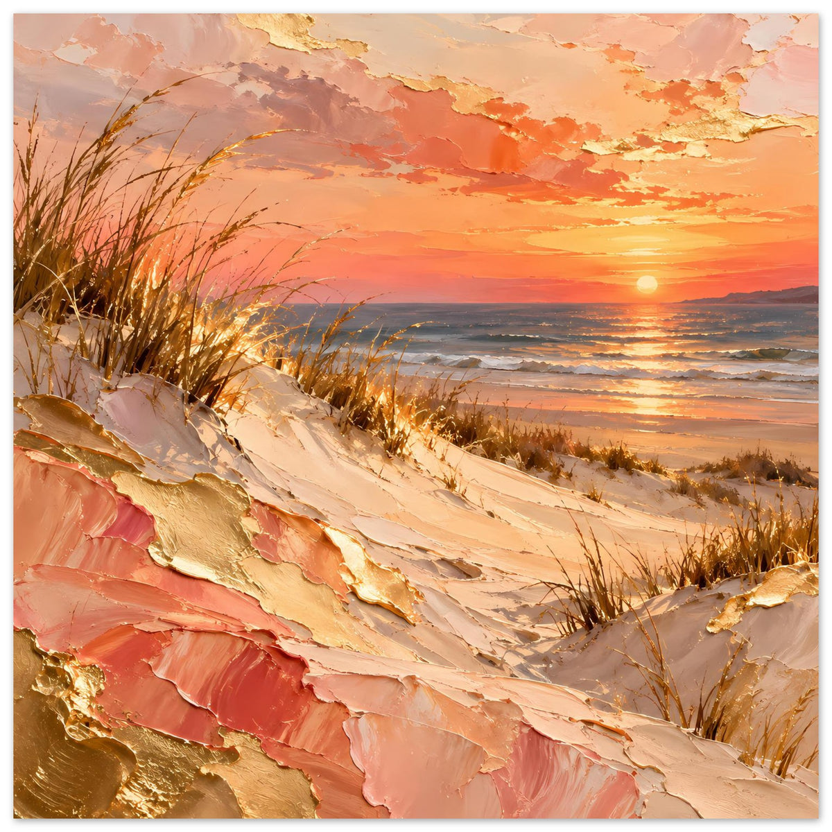 Meerposter mit Strand bei Sonnenuntergang, Sanddünen, Dünengras und pfirsich-goldenem Farbverlauf